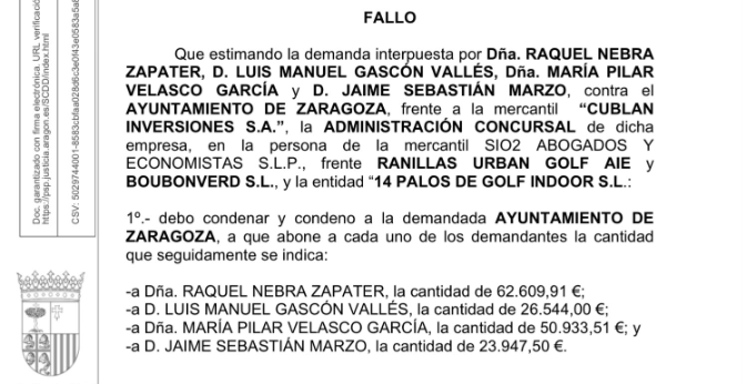 El Ayuntamiento de Zaragoza, condenado a pagar 164 mil euros a cuatro trabajadores del SPA de Ranillas